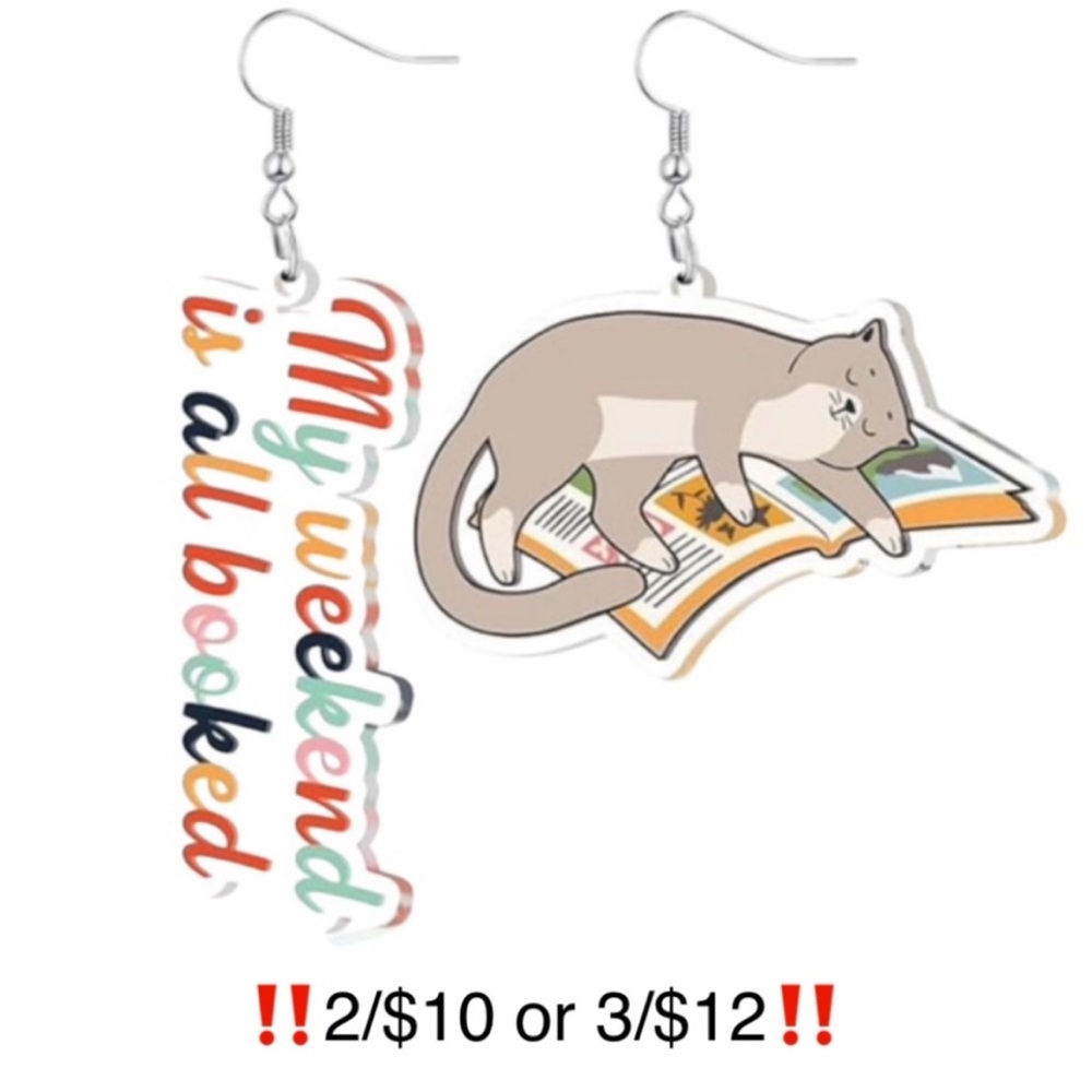 Cat Book Earrings Weekend All Booked Asymmetric Acrylic Novelty Statement Reader